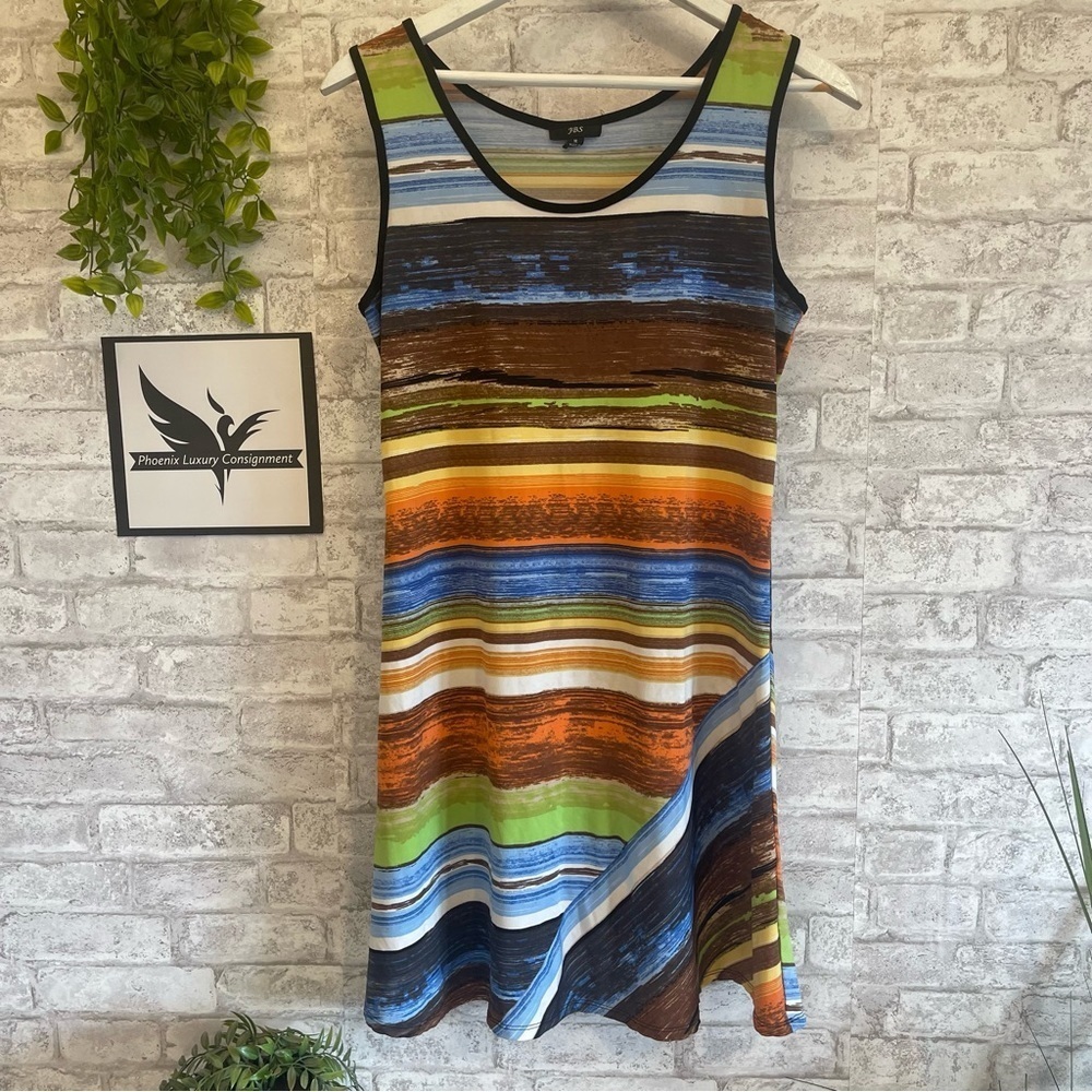 JBS Colorful Print Striped Bright Fun Sleeveless Slip Dress Size Medium